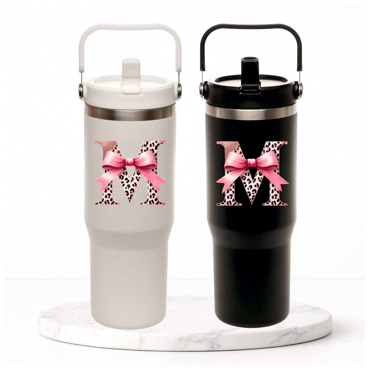 Personalised Pink Bow Initial - Everest Hydra-Flip 900ml Travel Mug with Bucket Handle.