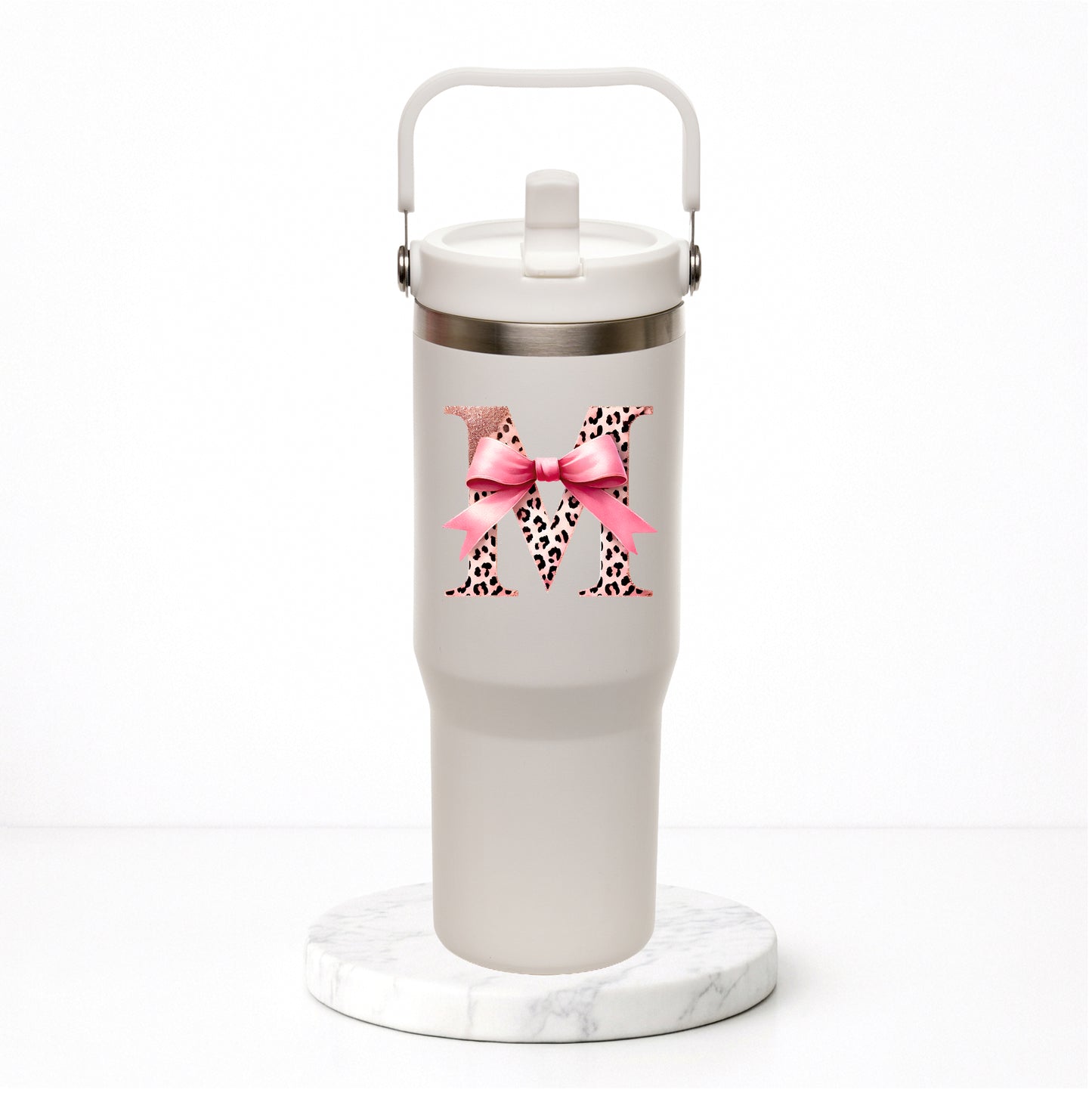 Personalised Pink Bow Initial - Everest Hydra-Flip 900ml Travel Mug with Bucket Handle.