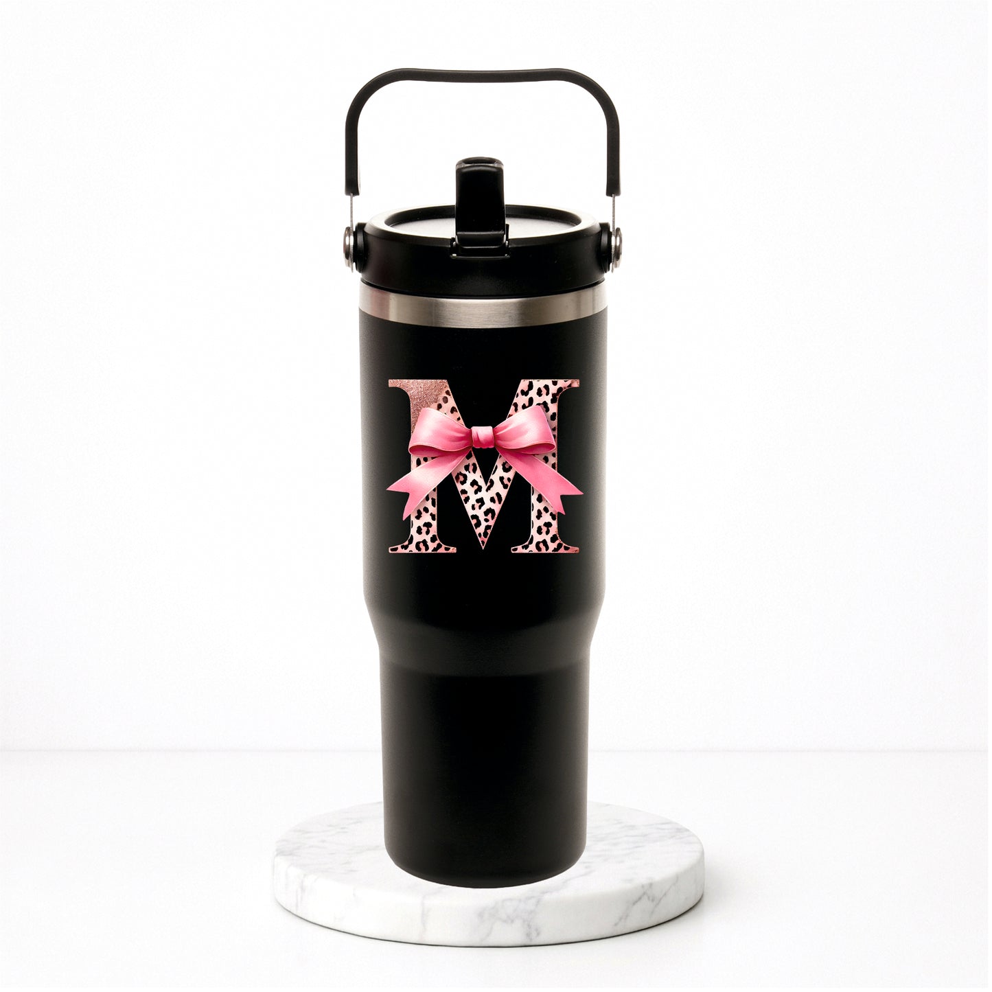 Personalised Pink Bow Initial - Everest Hydra-Flip 900ml Travel Mug with Bucket Handle.