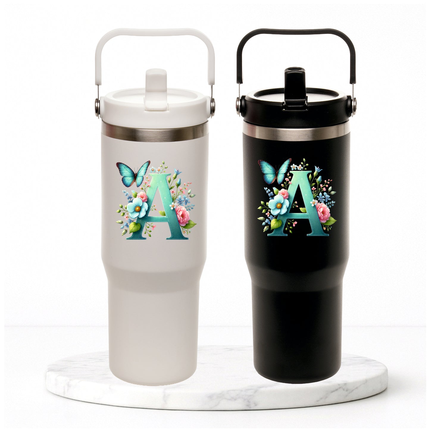 Personalised Flower Initial - Everest Hydra-Flip 900ml Travel Mug with Bucket Handle.