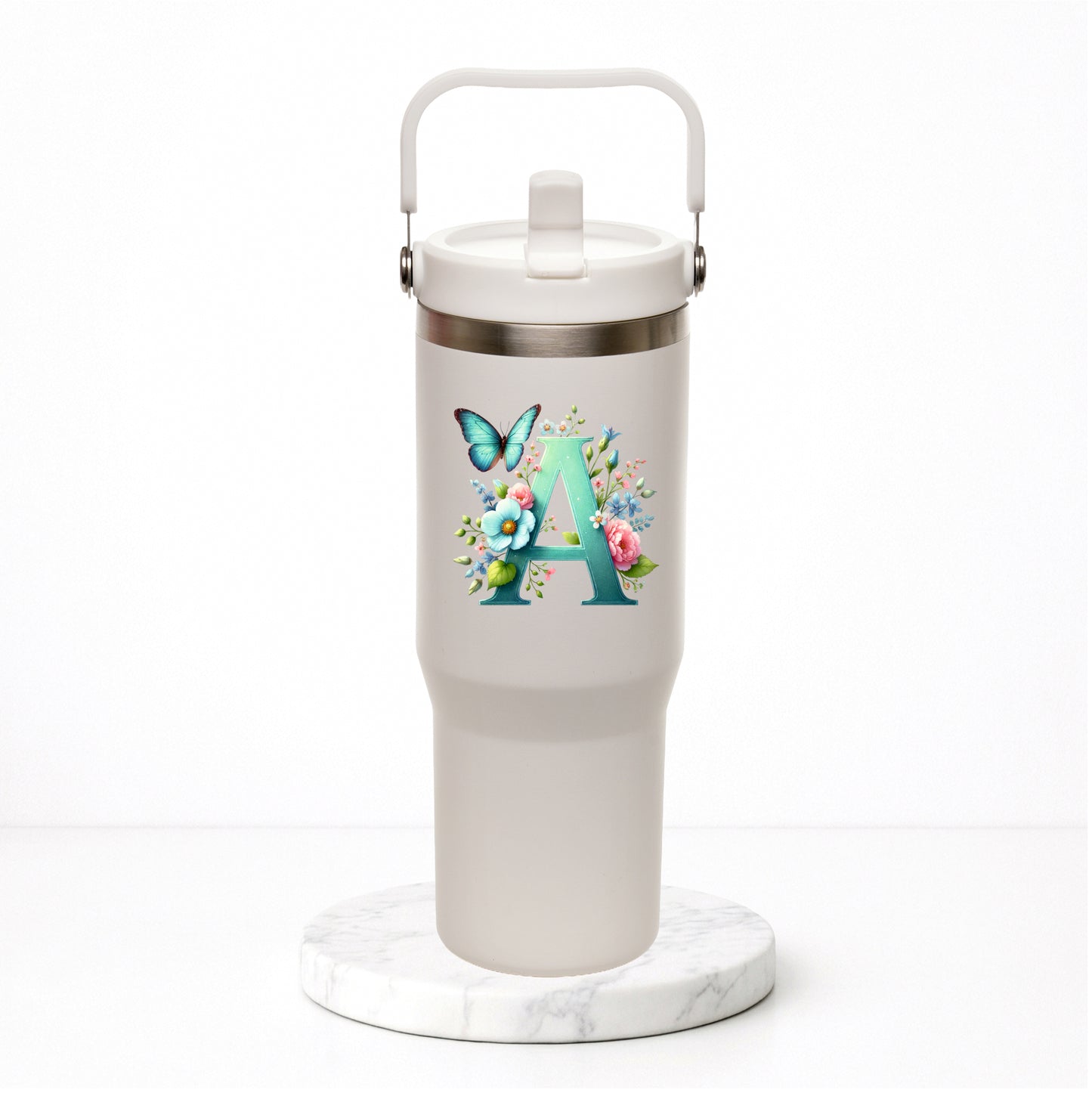 Personalised Flower Initial - Everest Hydra-Flip 900ml Travel Mug with Bucket Handle.