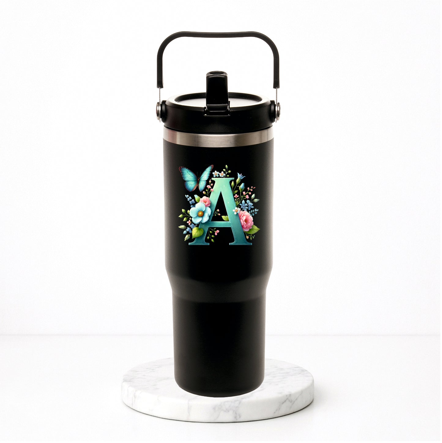 Personalised Flower Initial - Everest Hydra-Flip 900ml Travel Mug with Bucket Handle.