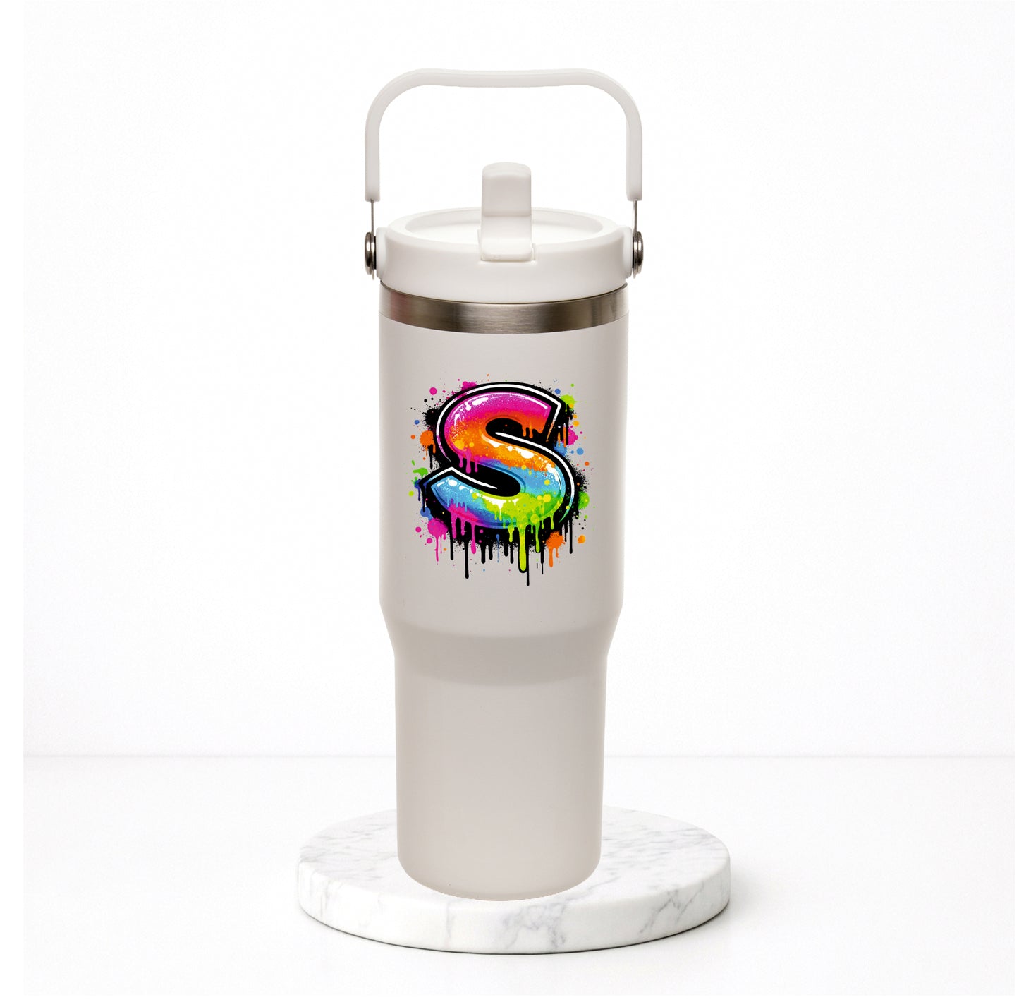 Personalised Graffiti Initial - Everest Hydra-Flip 900ml Travel Mug with Bucket Handle.