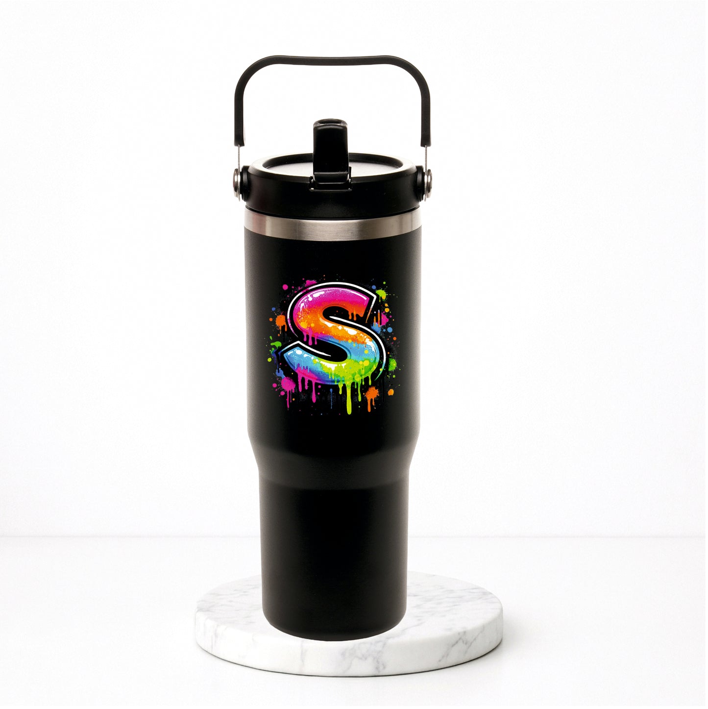 Personalised Graffiti Initial - Everest Hydra-Flip 900ml Travel Mug with Bucket Handle.