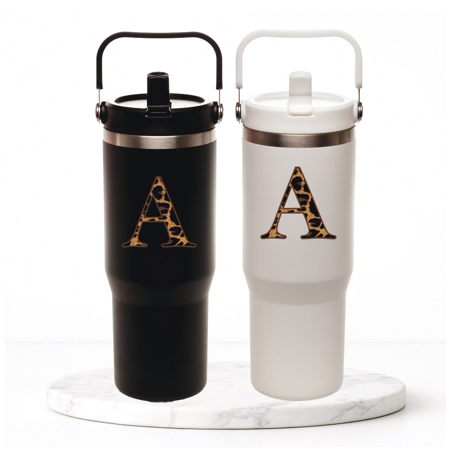 Personalised Leopard Initial - Everest Hydra-Flip 900ml Travel Mug with Bucket Handle