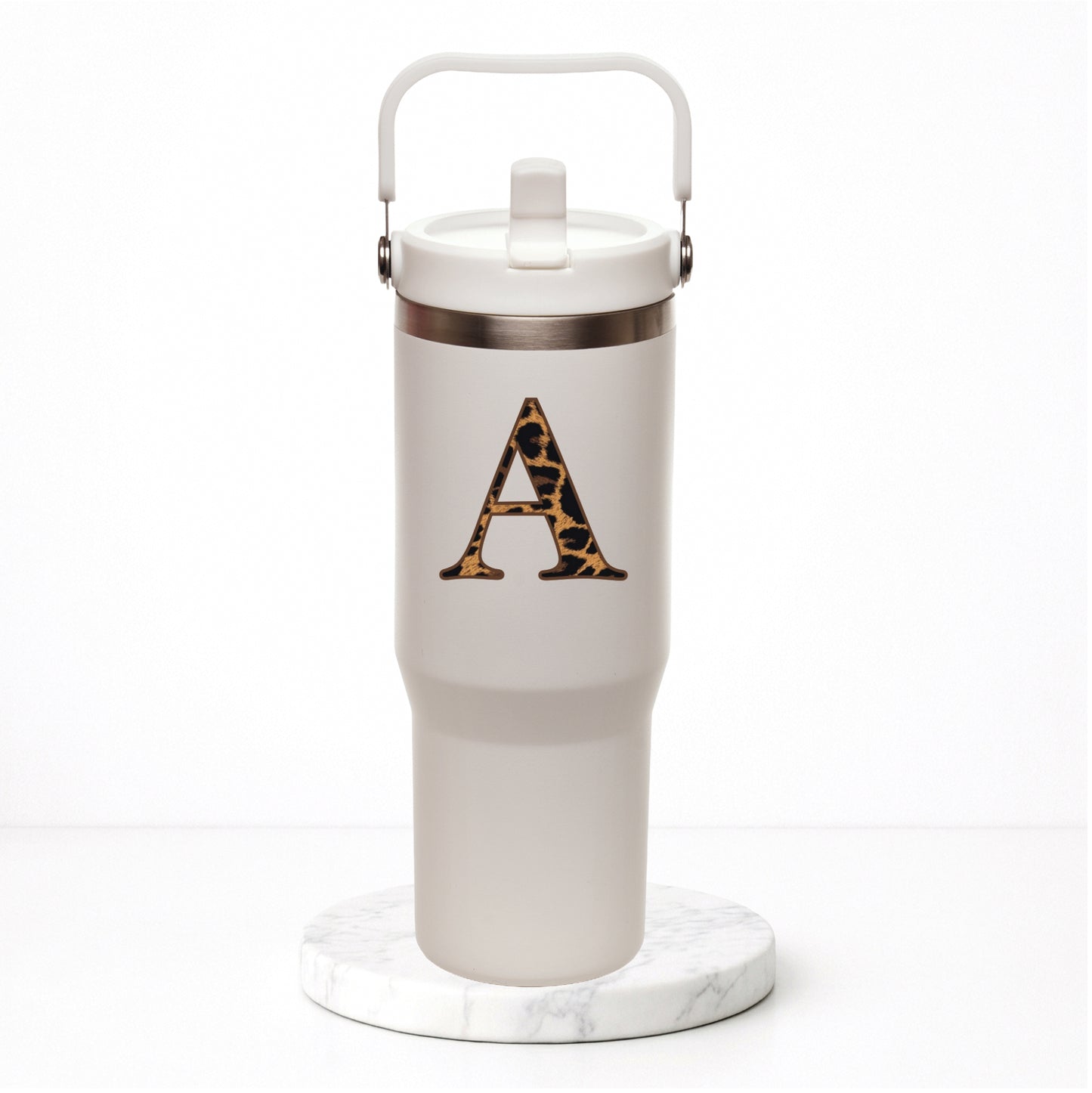 Personalised Leopard Initial - Everest Hydra-Flip 900ml Travel Mug with Bucket Handle