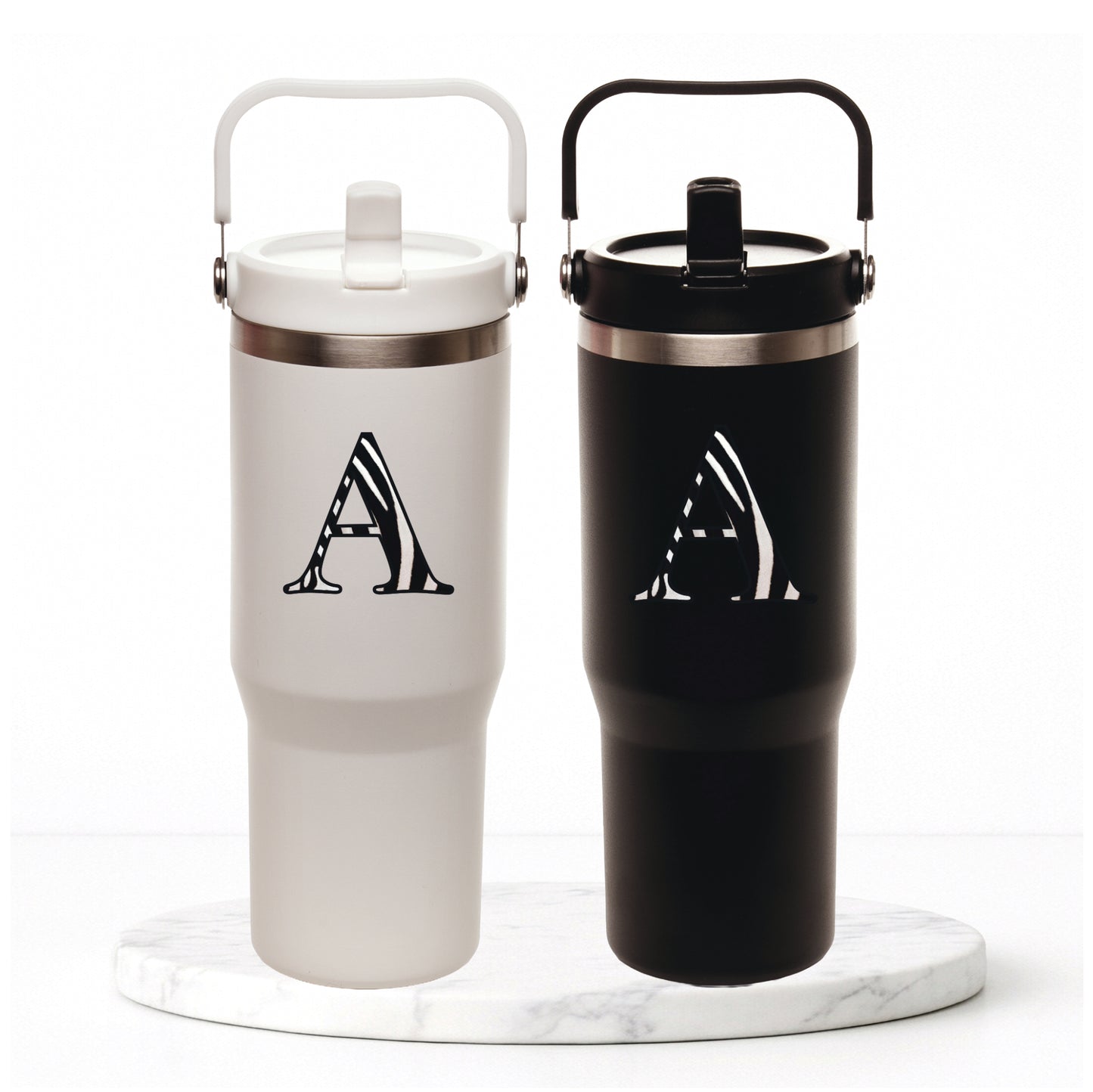 Personalised Zebra Initial - Everest Hydra-Flip 900ml Travel Mug with Bucket Handle.